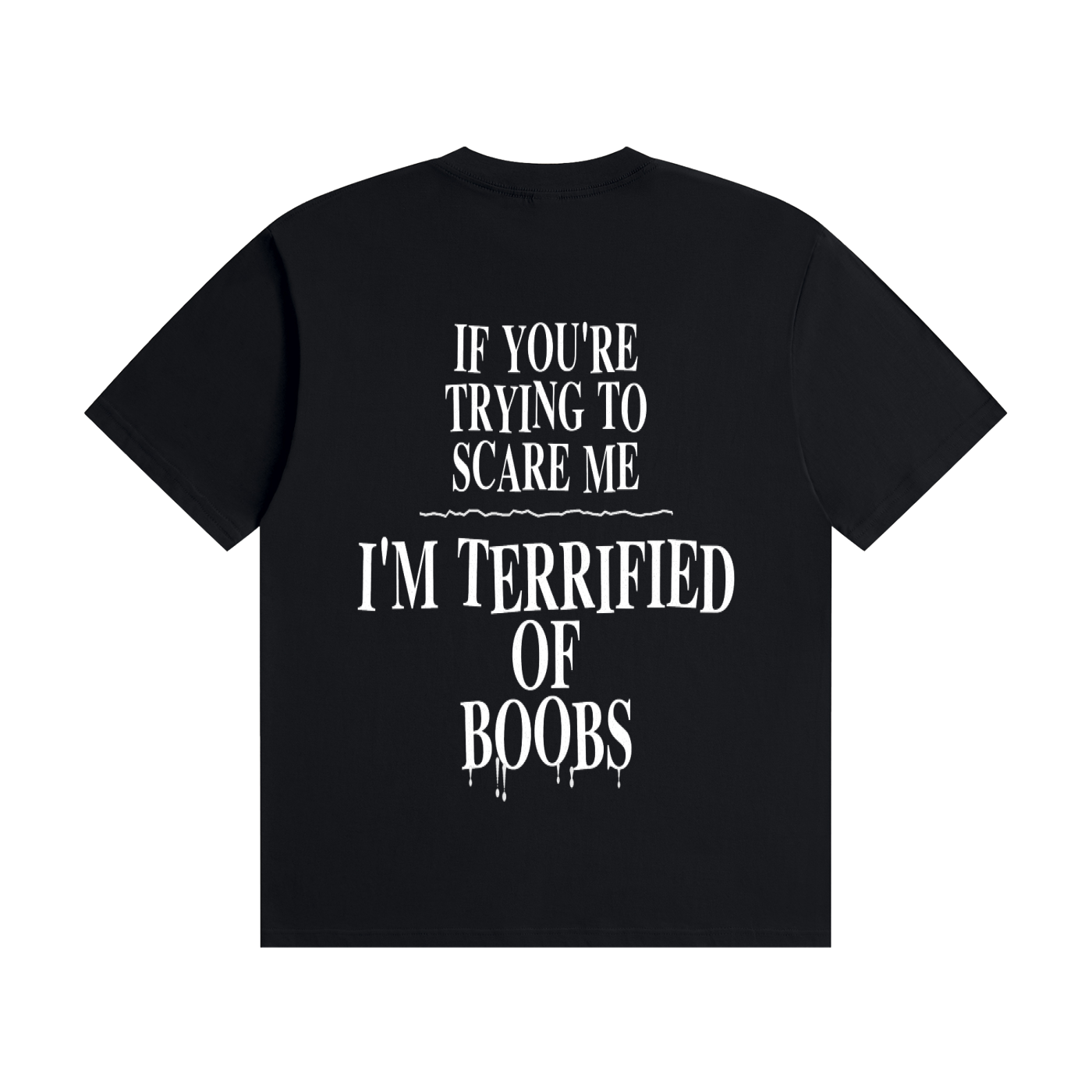 Black t-shirt with white horror-style dripping font print on the back reading "If You're Trying To Scare Me I'm Terrified Of Boobs"
