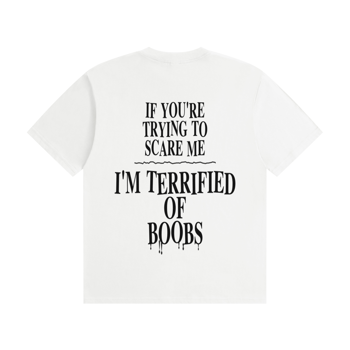 White t-shirt with black horror-style dripping font print on the back reading "If You're Trying To Scare Me I'm Terrified Of Boobs"