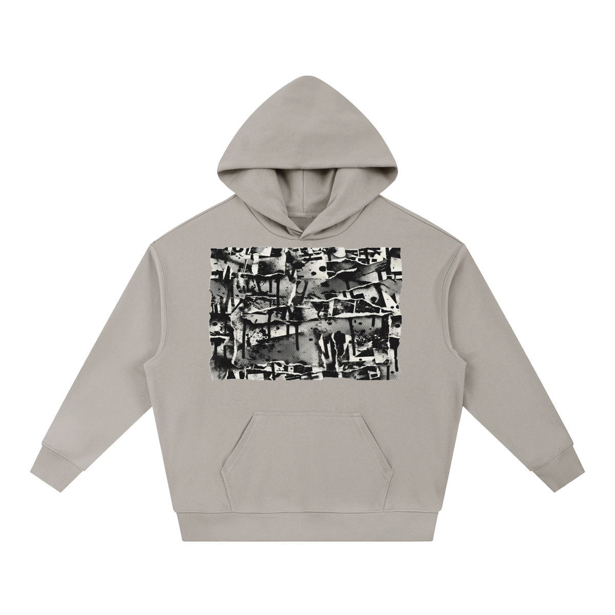 Torn Paper Collage Print Hoodie – Heavyweight Oversized Streetwear