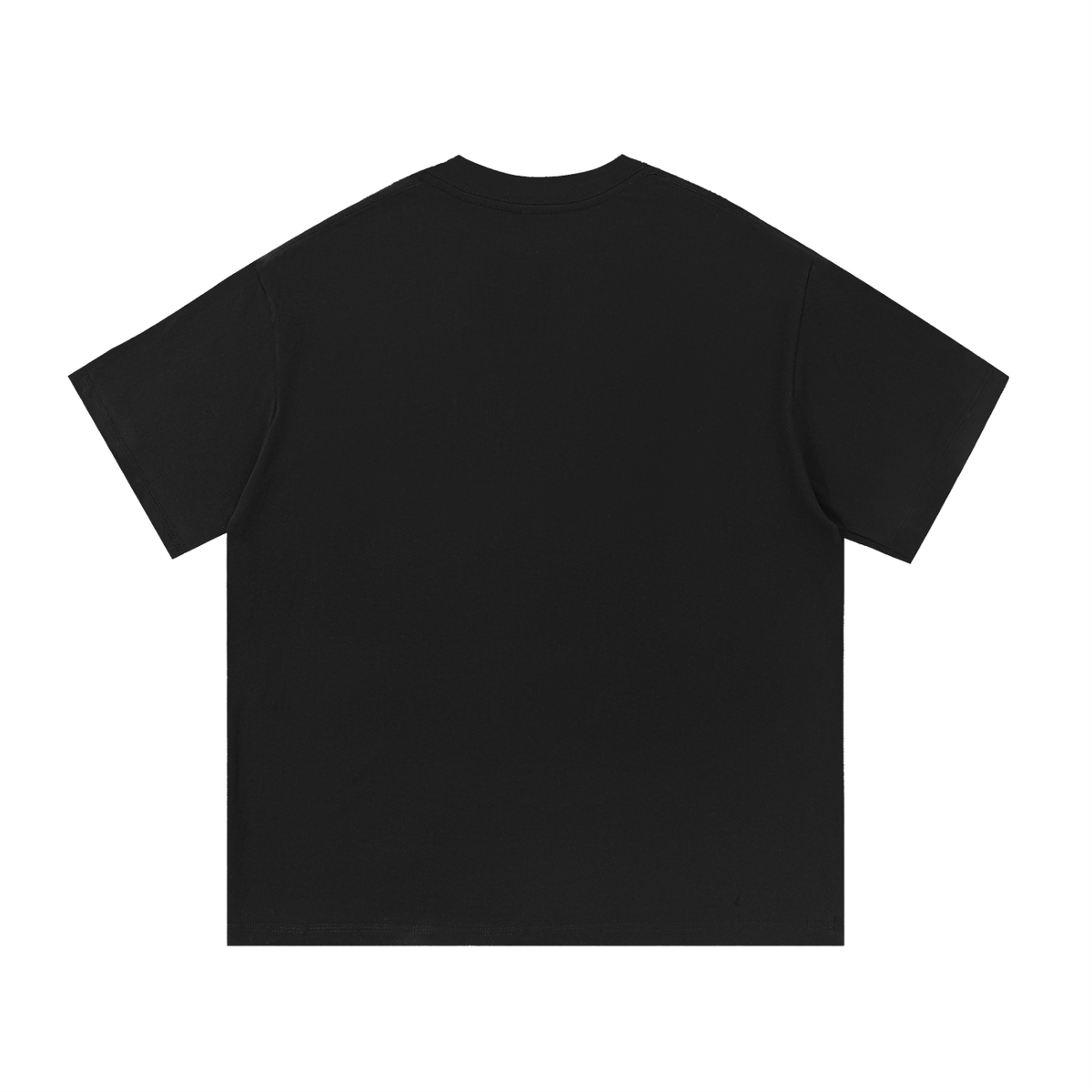 Plain black t-shirt, back view, no print visible