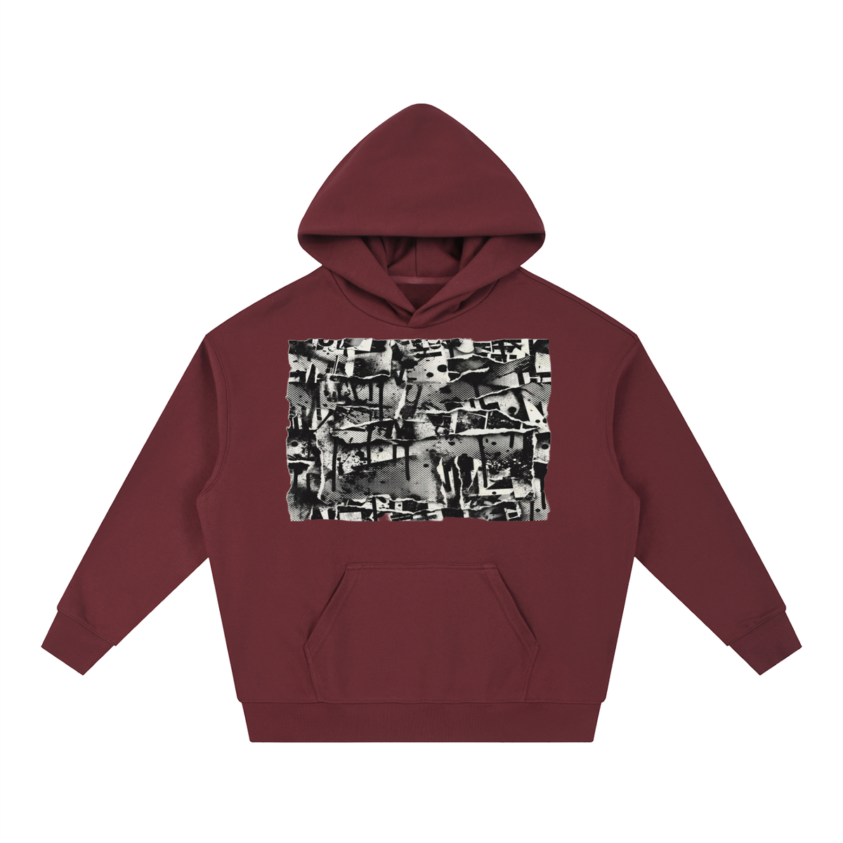 Torn Paper Collage Print Hoodie – Heavyweight Oversized Streetwear