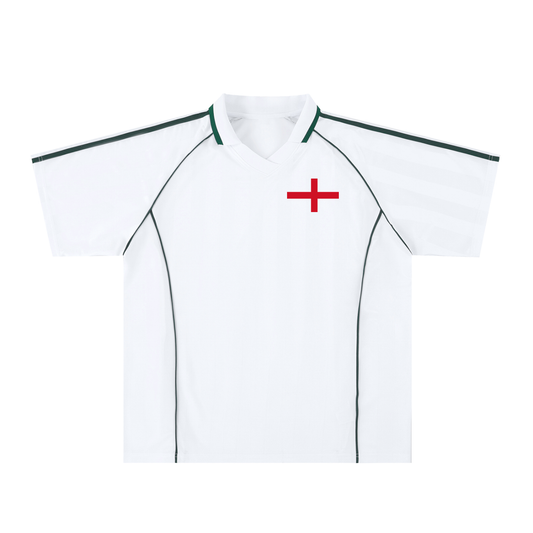 White t-shirt with dark green print reading "I Love England"