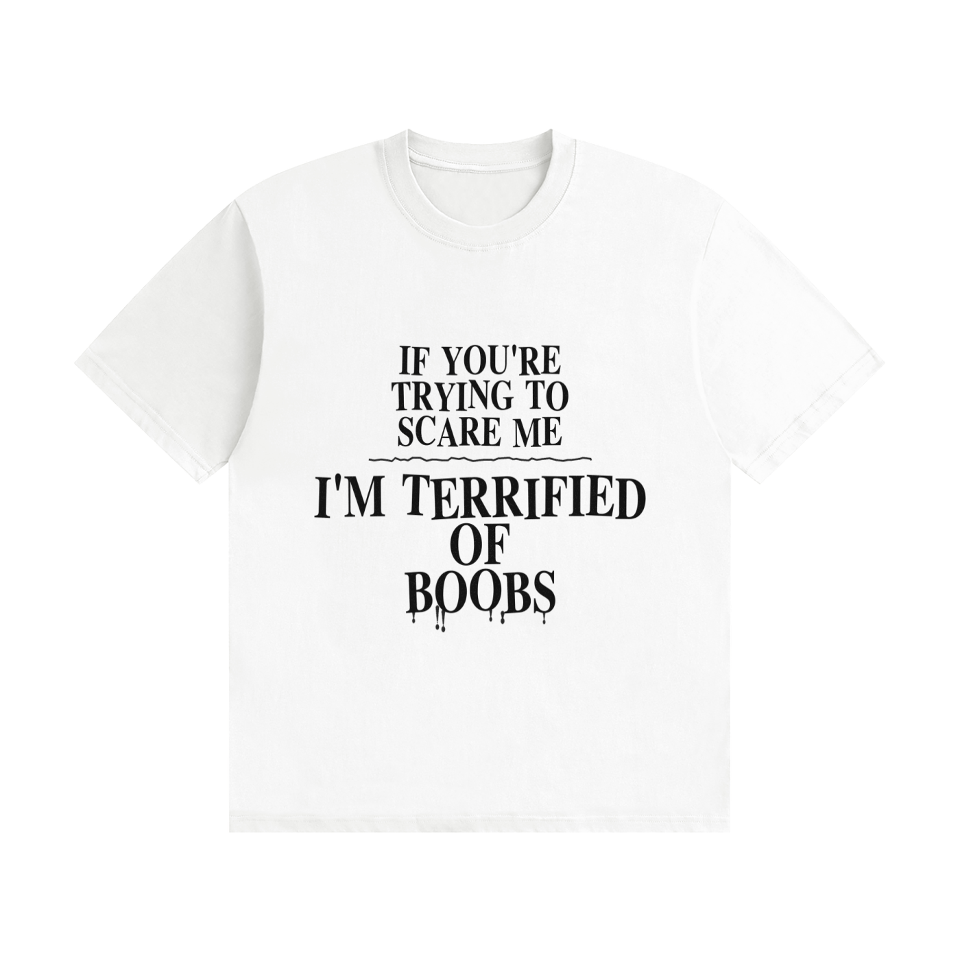 White t-shirt with black horror-style dripping font print reading "If You're Trying To Scare Me I'm Terrified Of Boobs"