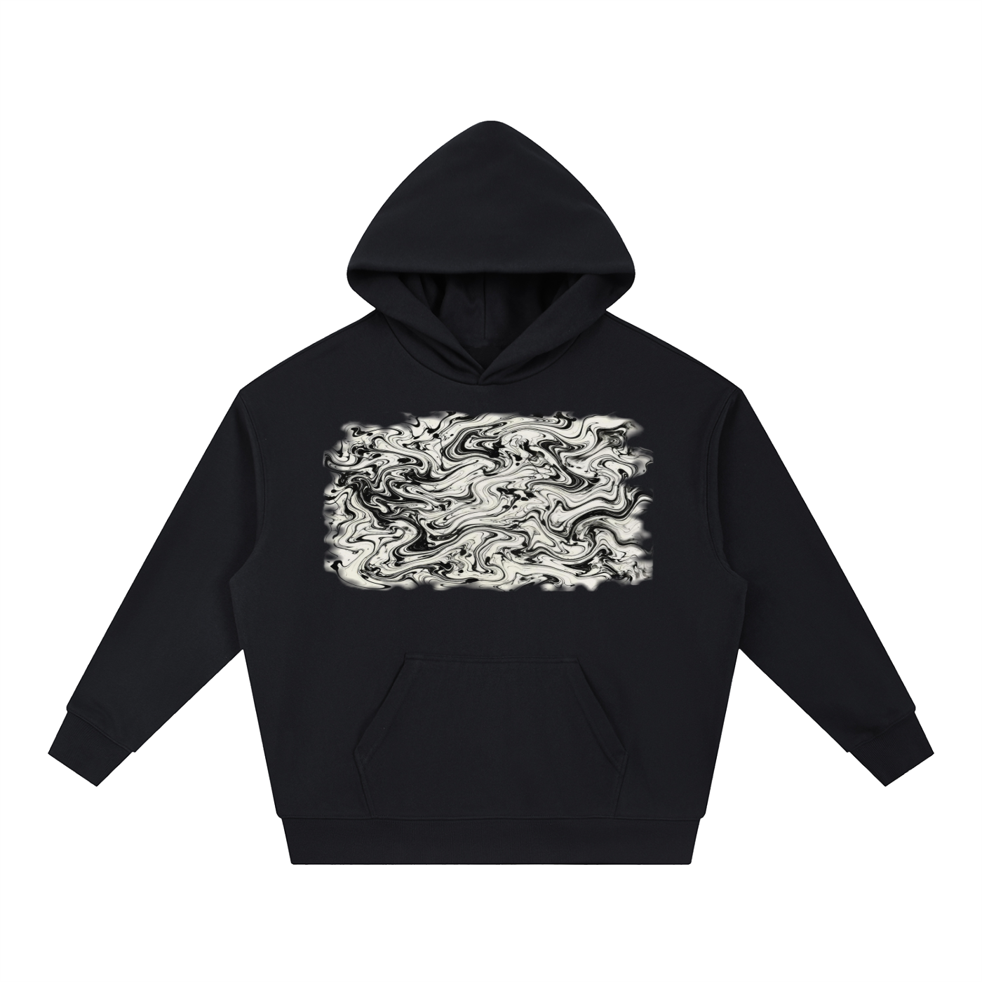 Marble Swirl Print Hoodie – Black Heavyweight Oversized Streetwear