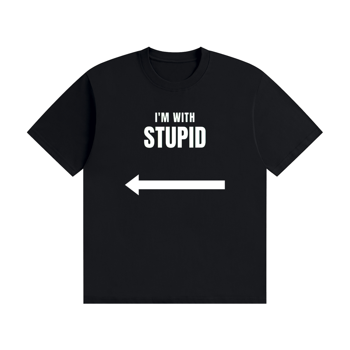 I'm With Stupid funny arrow slogan t-shirt, dark colour, front view